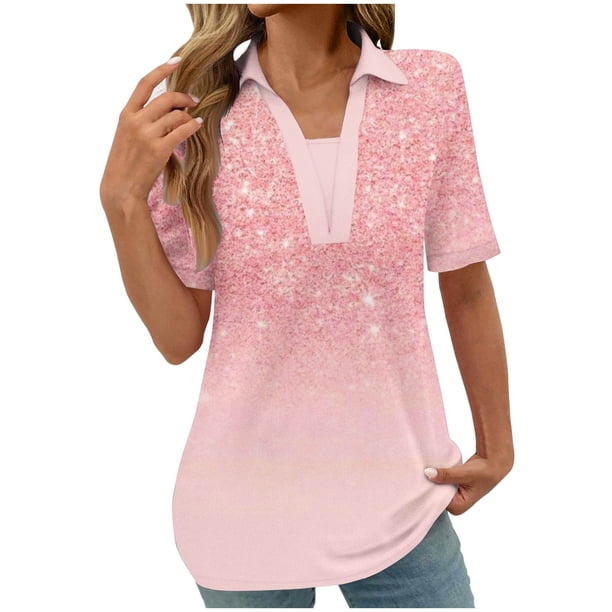 Tops Cortos para las Mujeres Blusas Impresas Manga Corta Turndown Collar Camiseta, Tops de Blusa para las Mujeres Casual