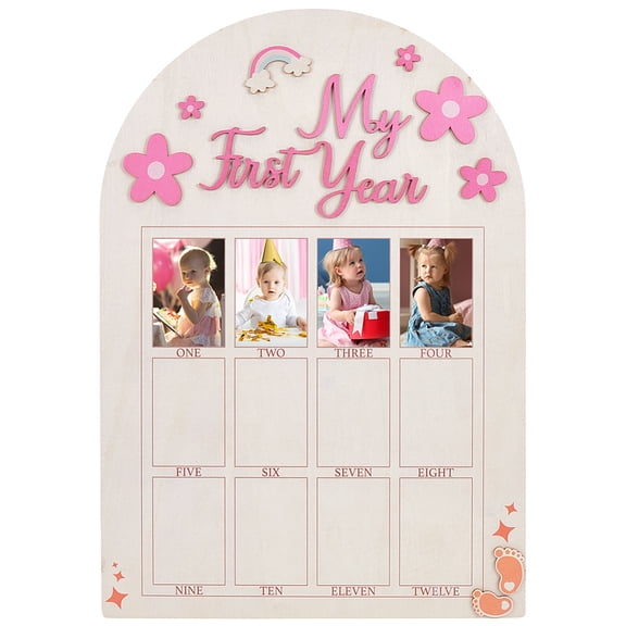 Poplar Wood 12 Months Newborn Baby Picture Frame My First Year Photo Display for Boy Girl Baby Birthday Nursery Decorations Arch 430x300x5mm for DIY