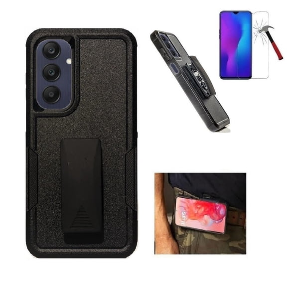 For Samsung Galaxy A36 5G Case, Dual Layer Shockproof 360-Degree Rotating Belt Clip Case Cover with Kickstand Tempered Glass (Black)