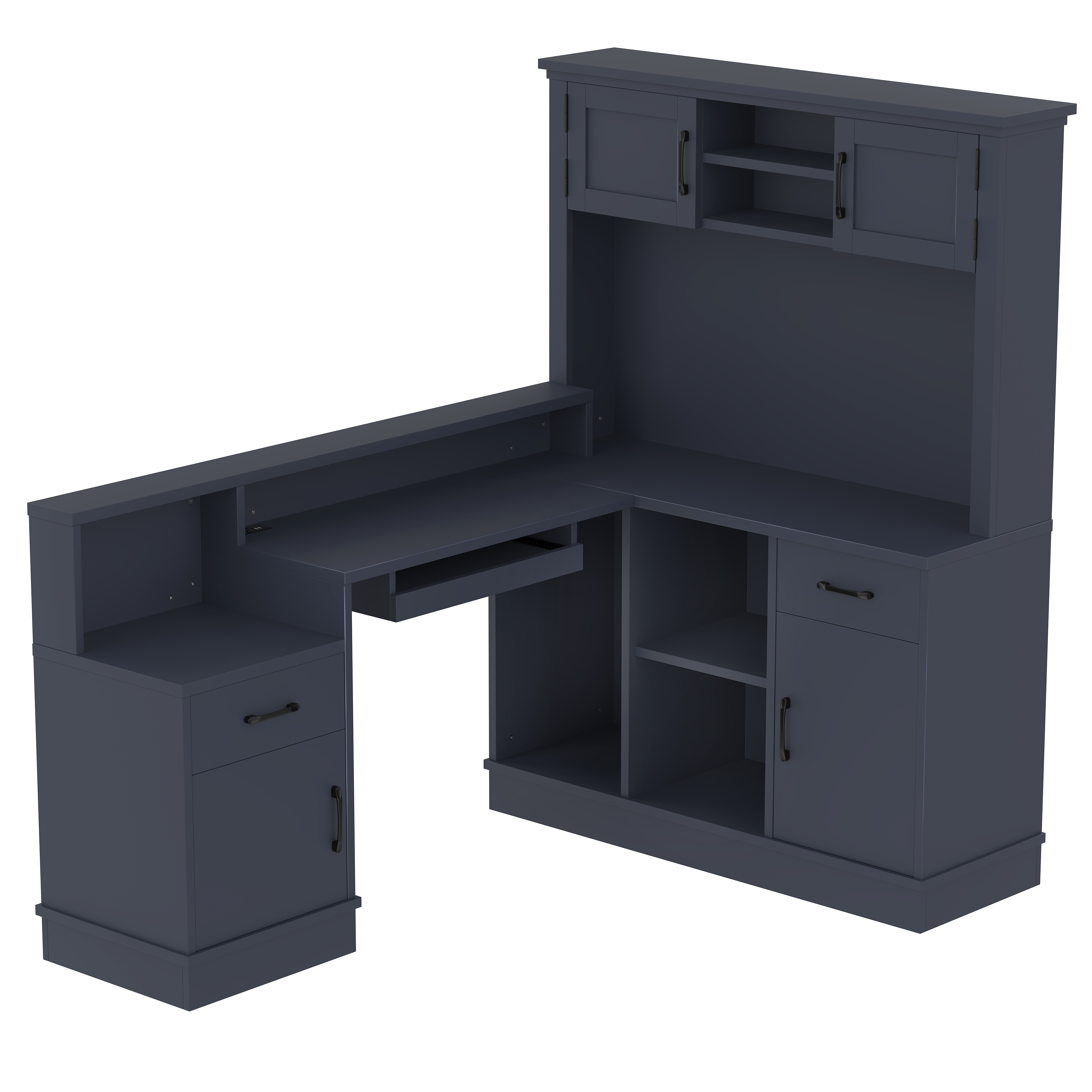 Newest Modern L-Shaped Desk with Built-in Outlet & Storage, 4-Cabinet 2-Drawer Computer Desk for Home Office, Blue