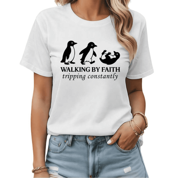 Funny Christian Penguin Walking By Faith Graphic Tees Womans T shirt Shirts Black White S-5XL Tops