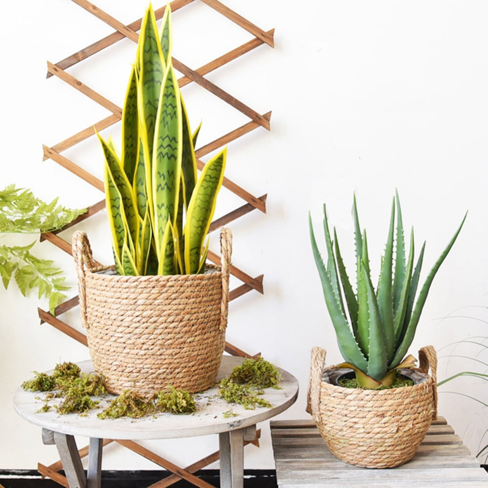 Woven Straw Flower Pot With Plastic Liner, Seagrass Planters Basket, Garden Plant Pot Containers Wicker Rattan Vase Sundries Organizer Storage Bins for Indoor Outdoor Plants Vintage Decor, 9.84x7.87"