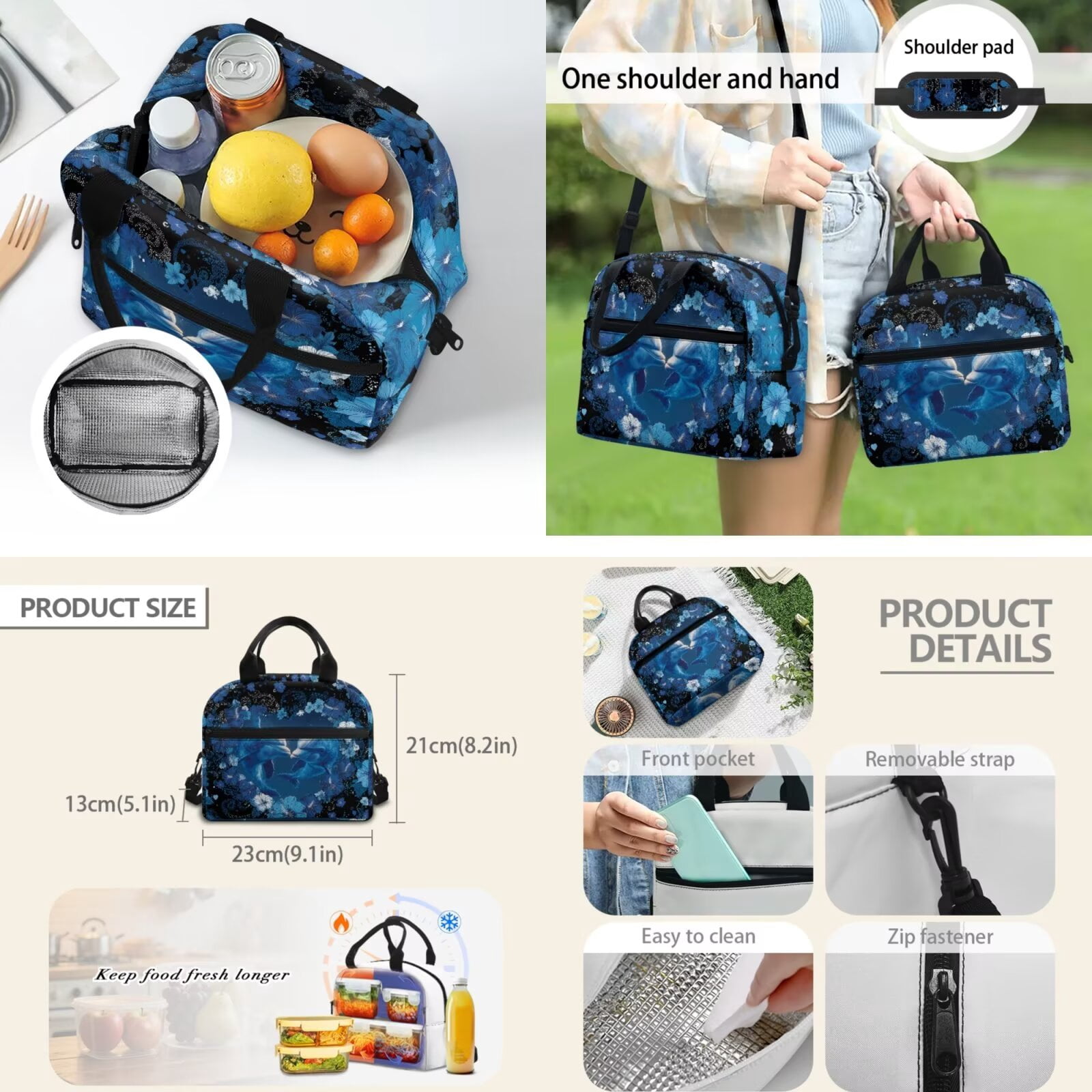 Pzuqiu Blue Floral Dolphin 4 Piece School Backpack Set Backpacks for Teens Girls with Lunch Box Pencil Case 2pcs Bookmark,17 Inch Large Travel Rucksack Schoolbag for Middle School