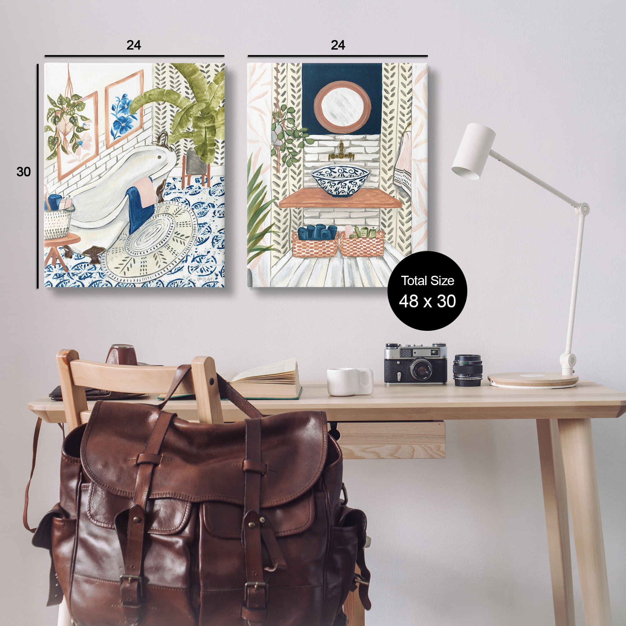 Stupell Industries Boho Chic Bathroom Bath & Laundry Painting Wrapped Canvas Art Print Wall Art, 24 x 30, Set of 2