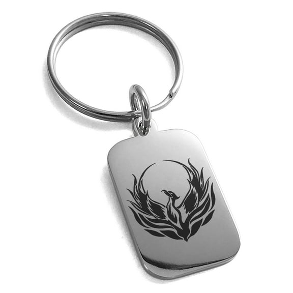 Tioneer Stainless Steel Greek Mythology Phoenix Engraved Small Rectangle Dog Tag Charm Keychain Keyring Premier