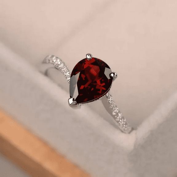 Pear Cut Red Garnet & Diamond Wedding Ring in 925 Sterling Silver - January Birthstone - Gift For Her