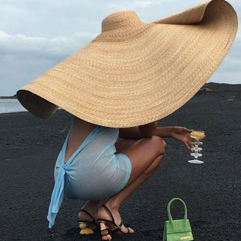 Worallymy Floppy Straw Hat Summer Oversized Sun Hat Large Brim Beach Anti-UV  Sun Protection Foldable Roll Up 