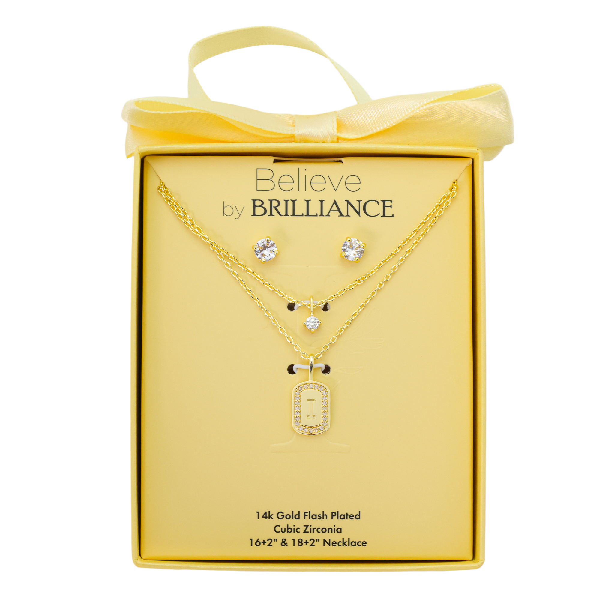 Believe by Brilliance Women's 14Kt Gold Flash Plated Cubic Zirconia Double Layer Tag "I" Necklace and Earring Set