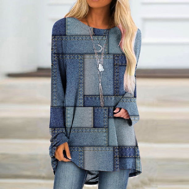 Pntutb Mujeres Moda Casual Socket Geometría Impreso Manga Larga Cuello Redondo tops Pntutb Pntutb-1820
