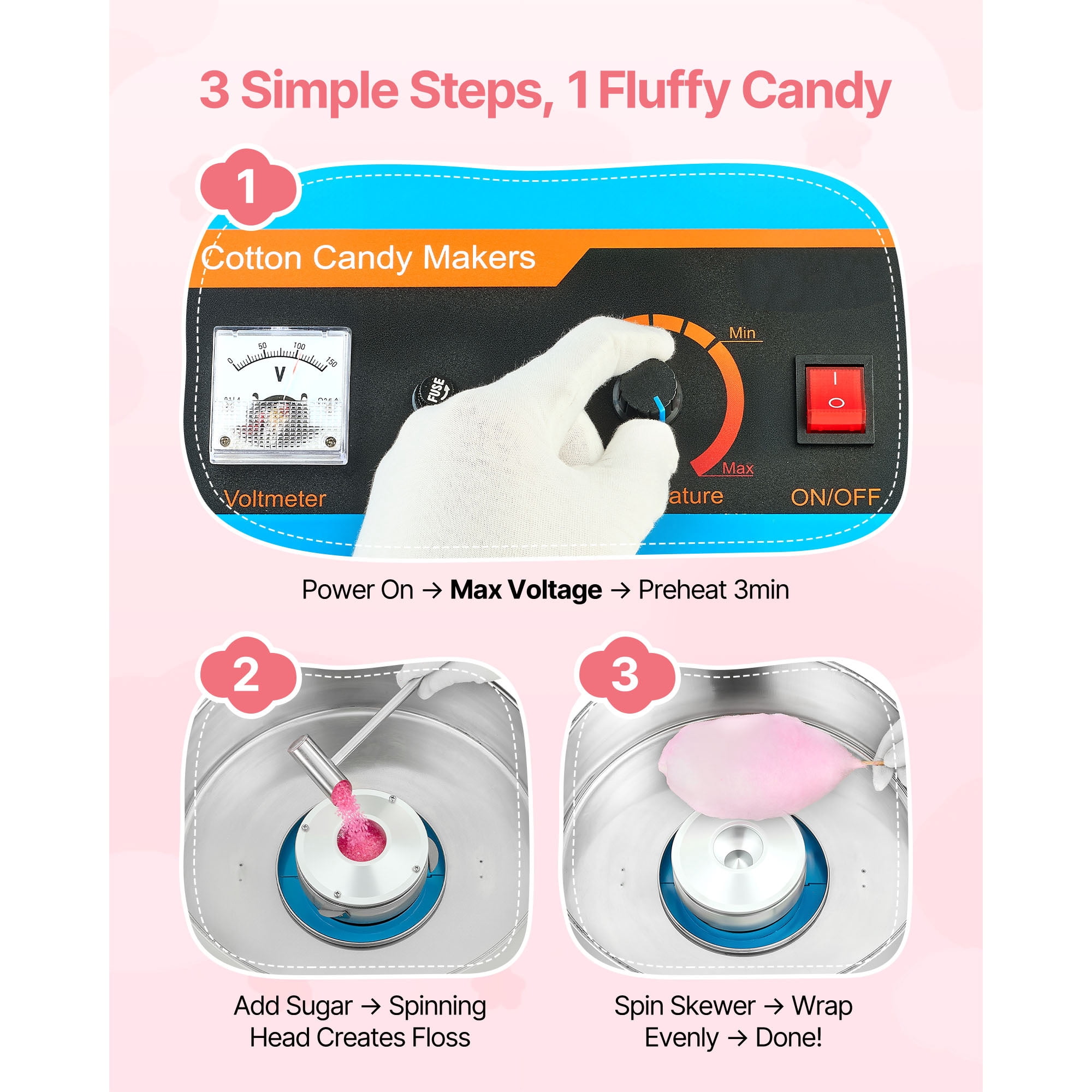 KFFKFF Commercial Cotton Candy Machine, 1000W Electric Floss Maker with 15-Inch Stainless Steel Bowl and Sugar Scoop, Suitable for Hard Candy, Perfect for Home, Kids' Birthdays, and Family Gatherings