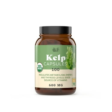 Organic Kelp Capsules - 600mg Capsules 100 Pills Powdered Raw Sea & Seaweed & Thyroid Support Supplement Powder