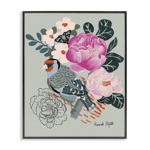 Stupell Industries Modern Bird & Peonies on Green Black Framed Giclee Art, 16 x 20, by Hannah Byatt