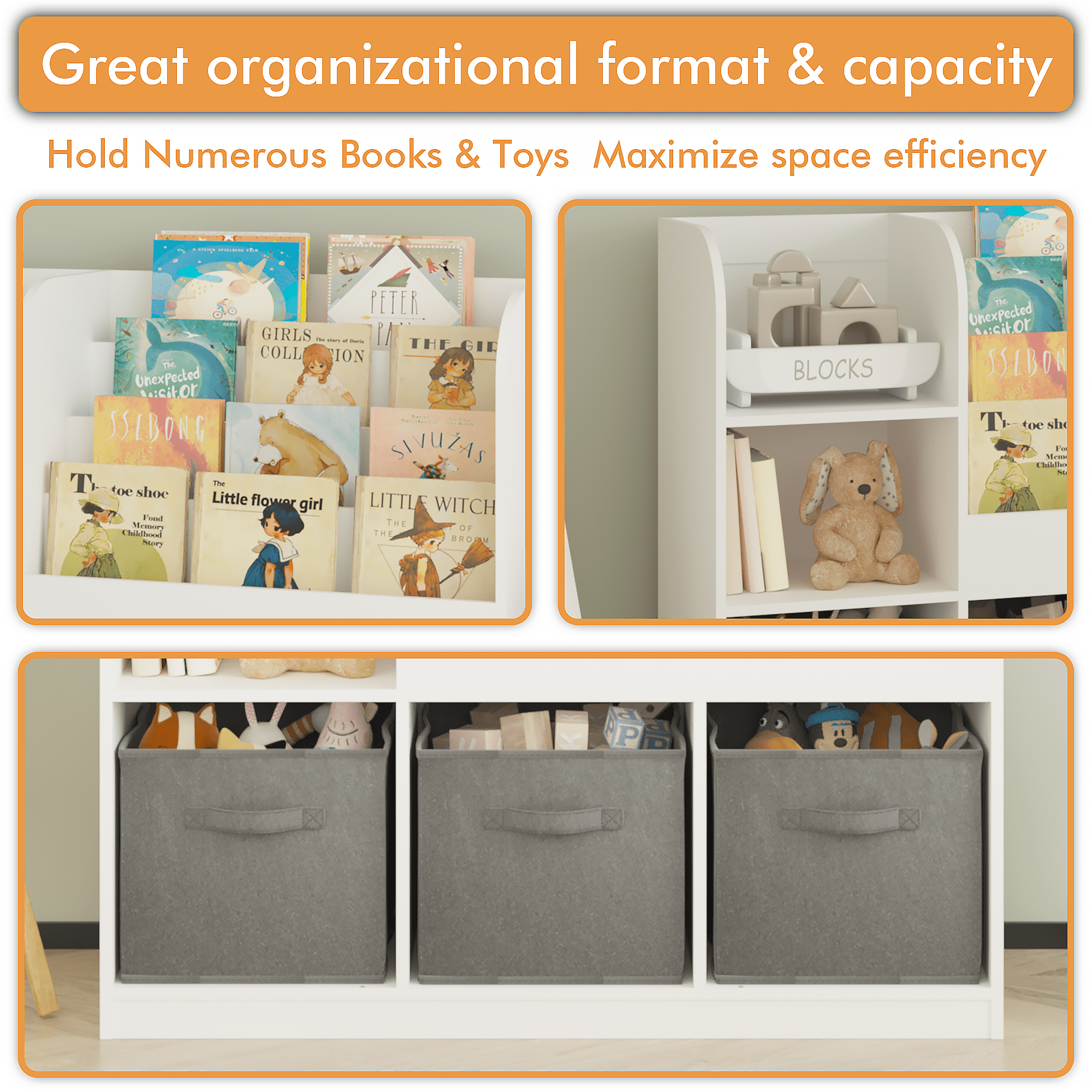 Miniyam Bookshelf with Storage Bins, Book Display, Anti-Tip for Kids, Gray