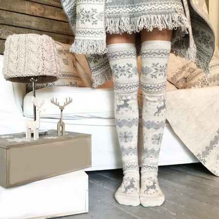 

ERTUTUYI Women Autumn And Winter Deer Jacquard Christmas Socks Knitted Wool Stockings White