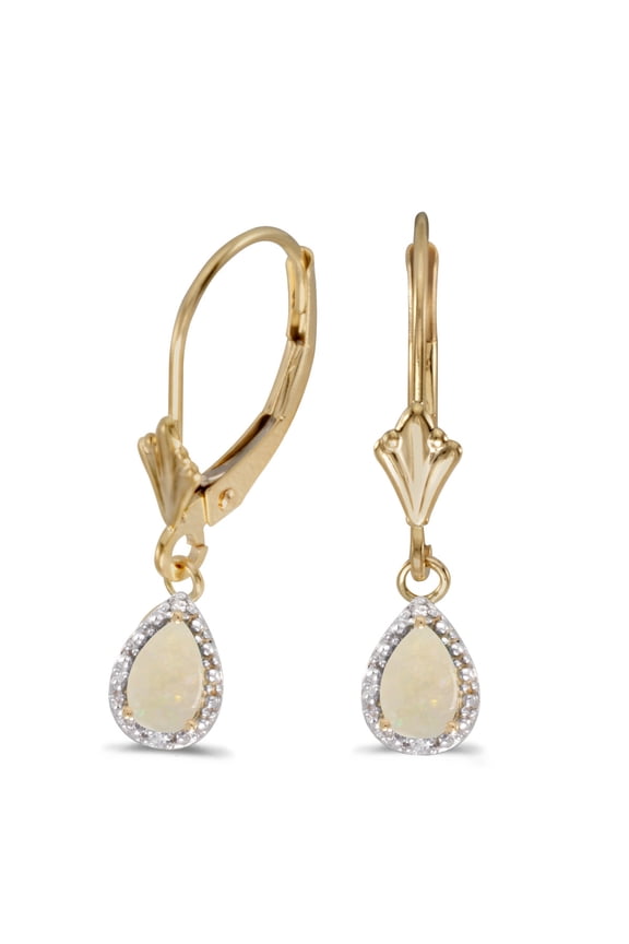 Womens 14k Yellow Gold Pear Opal 6x4mm Gemstone with Diamond Accented Dangling Leverback Earrings (.5 ct and .02 ct)