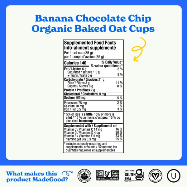 MadeGood Baked Oat Cups – Banana Chocolate Chip 5 Pack, MG Banana Chocolate Oat Cups