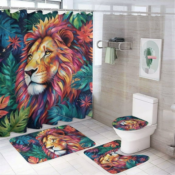 Lion Print Shower Curtain Set 4-Set Jungle Animal Theme Bathroom Decor Set Includes Floor Mat ,Toilet Cover Mat ,U-Mat ,Shower Curtain with 12 Hooks,72inx72in