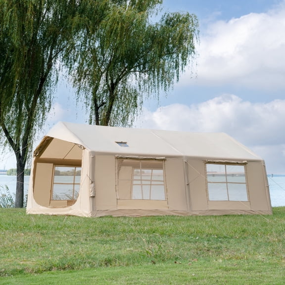 4-12 Person Inflatable Tent with Pump | Easy Assemble, Waterproof, Windproof, Oxford Outdoor Glamping Tent,3000mm Waterproof Oxford for Family Camping, Party, or Beach,Beige