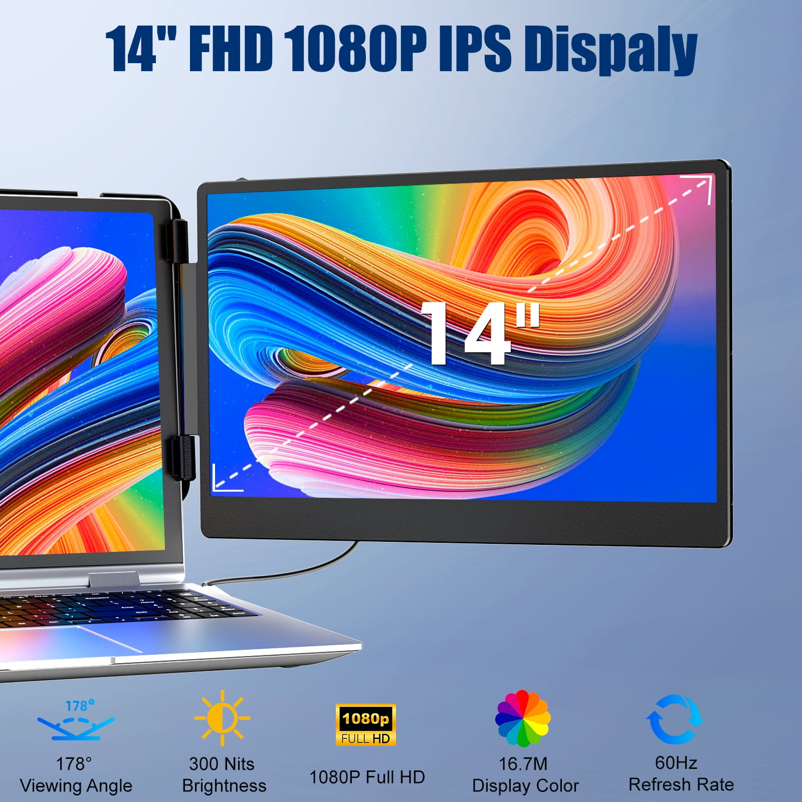 SIAVIALA Laptop Screen Extender, 14" Dual Portable Monitor for Laptops 13-17", Built-in Stand/Speaker, 1080P FHD IPS Display HDMI/USB-C Laptop Monitor Extender for Wins Mac Chrome Switch PS5