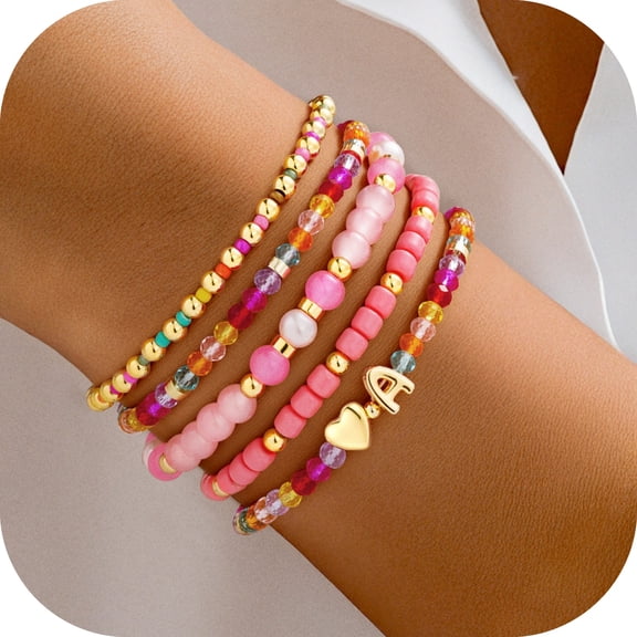 Turandoss Birthday Gifts for Teen Girls Kids 6 7 8 9 10 11 12 13 14 15 16 Year Old Girl Dainty 5PCS Initial Heart 14K Gold Plated Colorful Letter A Charm Bracelets Jewelry Gift