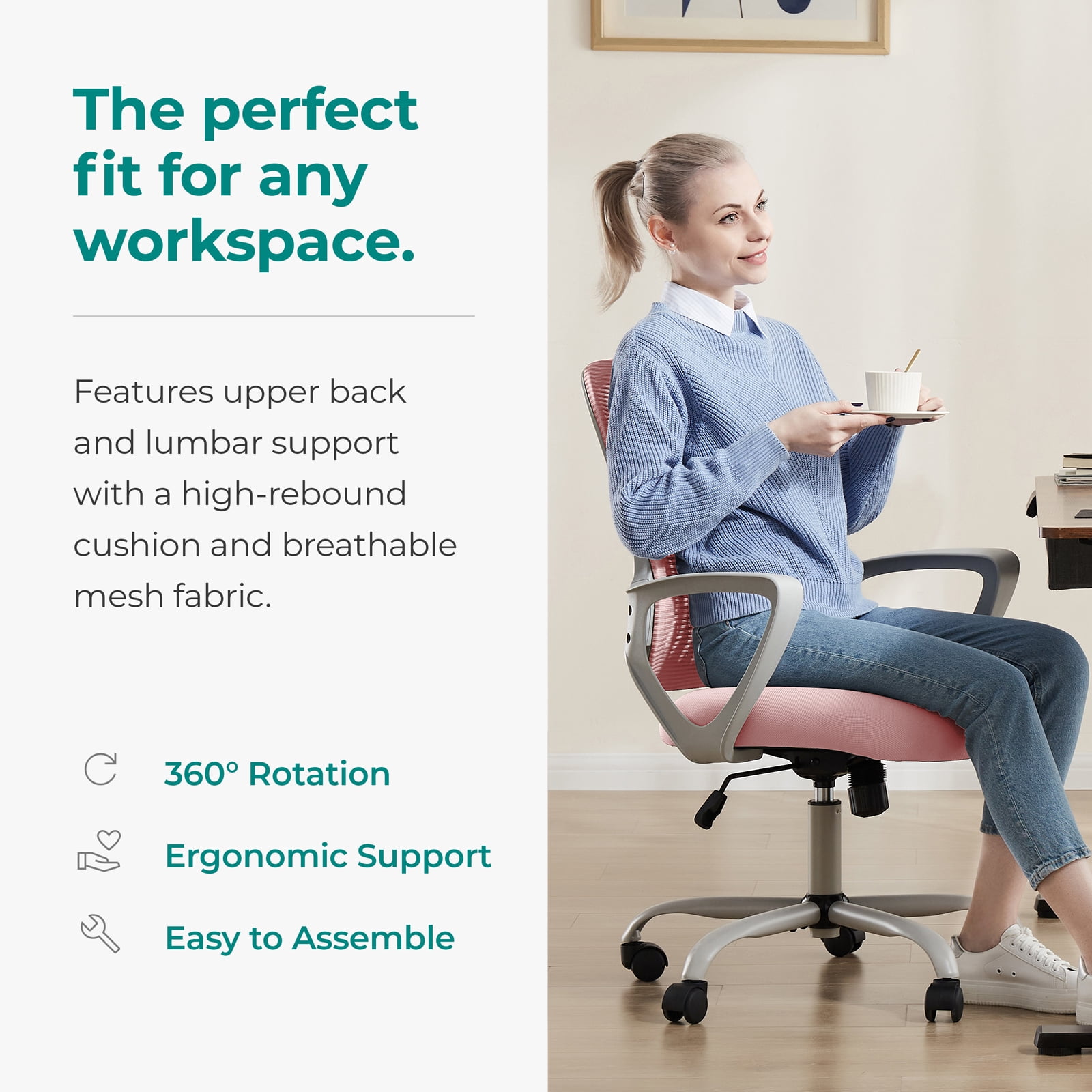 edx Ergonomic Office Chair, Mesh Desk Chair with Fixed Armrests for Home Office Standing Desk, Pink