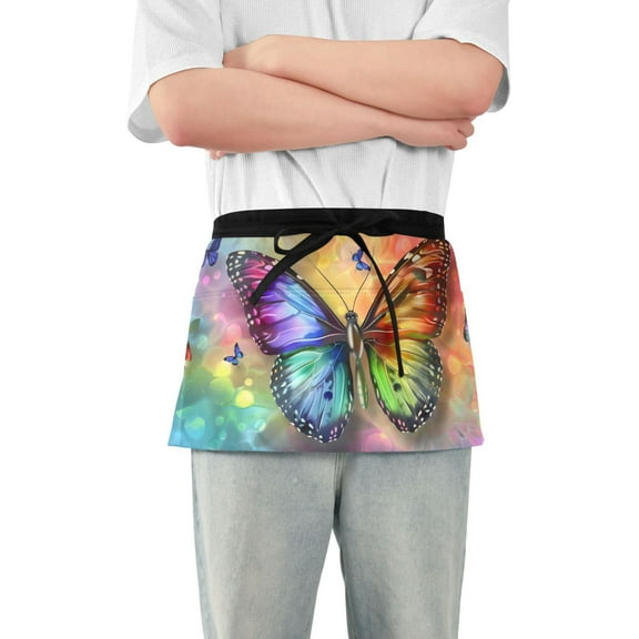 Rainbow Butterflies Server Apron with 3 Pockets Waterproof Waitress Waist Short Apron for Man Woman 12 Inches