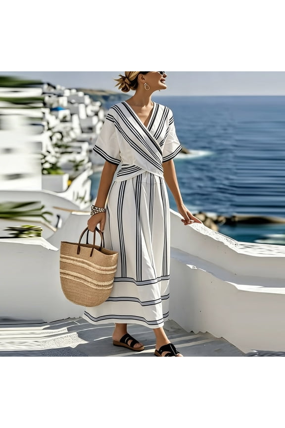 Women's Summer Dress Short Sleeve V Neck High Waist Casual Loose Striped Midi Dresses