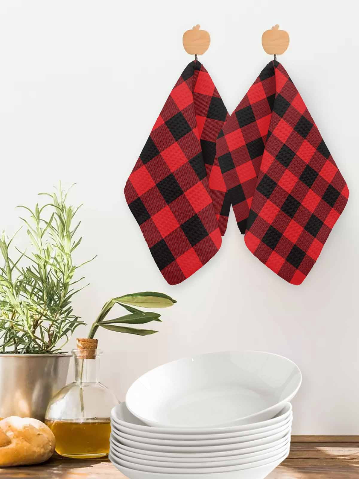Red Black Buffalo Plaid Dish Towels Set, Waffle Weave Kitchen Towels 3 Pieces, Black Red Checkered Microfiber Hair Face Bath Tea Towel Absorbent Quick Drying Cleaning Dish Cloths, 12"x12"
