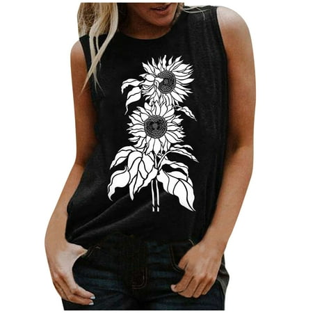 

JDEFEG Print Tops for Women Daisy Fashion Tank Sunflower Women s Printed Blouse Casual O-Neck Sleeveless Top Women s Blouse Camisole with Bra Ployester Black M