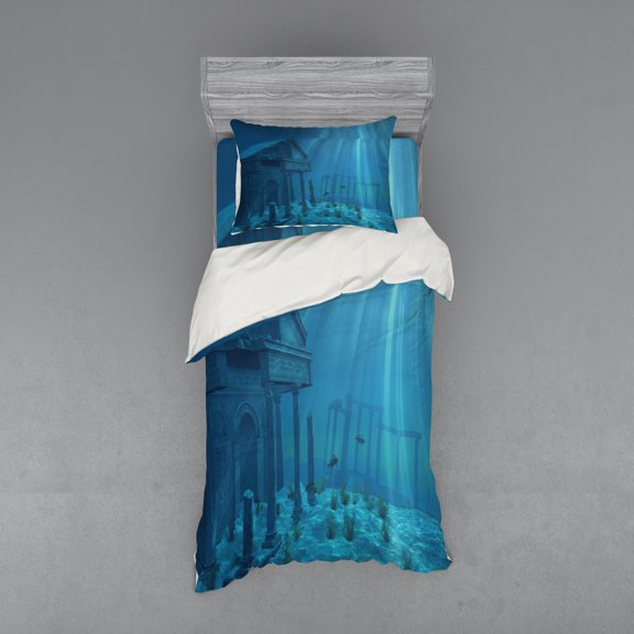 Ocean Duvet Cover Set, Sun Rays over Ruins of a Former Civilization Deep Sea Atlantis World Nautical Picture Print, Bedding Set with Shams and Fitted Sheet, 3 Sizes, by Ambesonne
