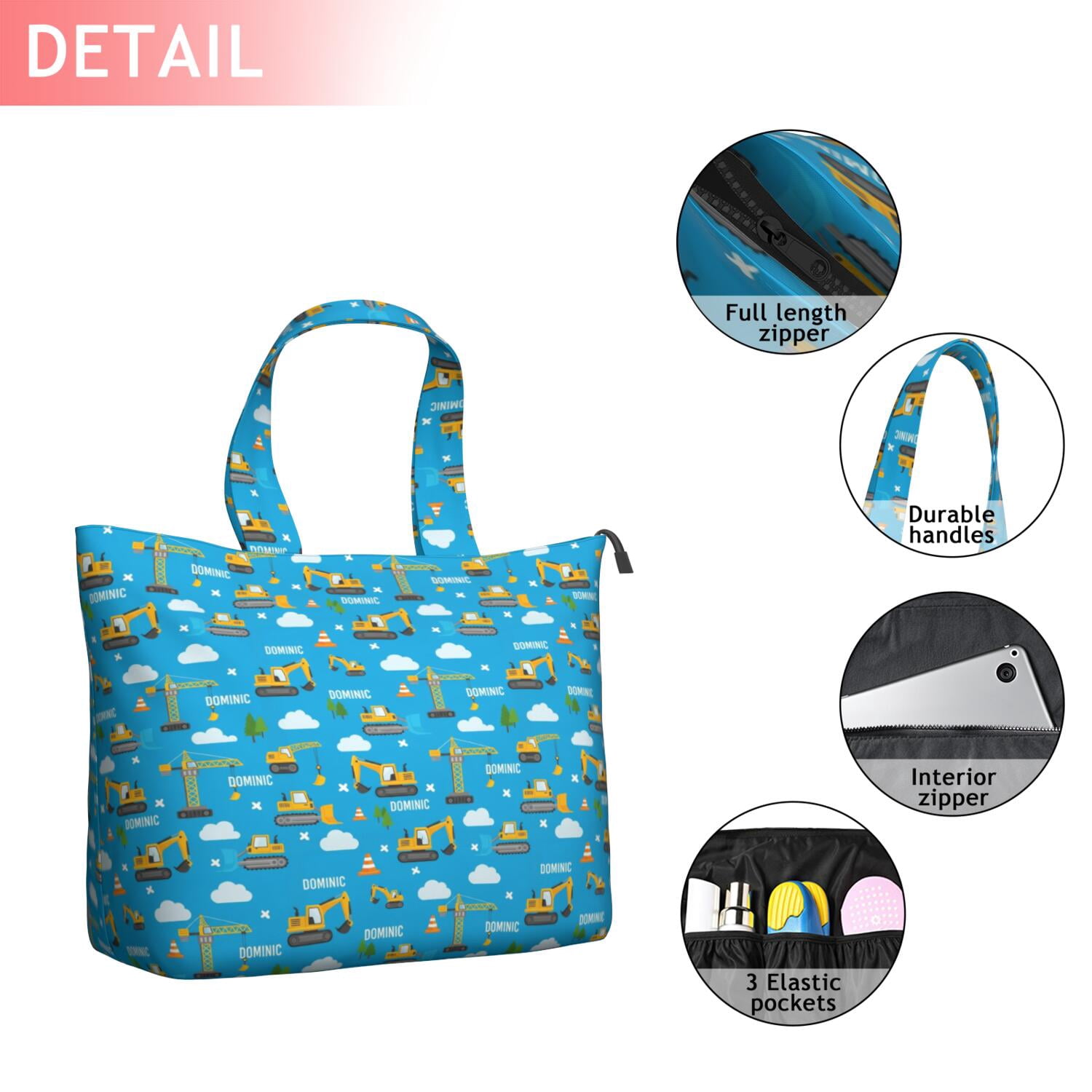Cartoon Construction Vehicles Cranes Travel Tote Bags for Women Carry On,Large Weekender Bags for Women Travel,Multi Functional Duffle Bag for Work,Shopping,Sports