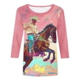thumbnail image 4 of Women's Tops Dressy Casual Vintage Fashion 2024 3/4 Sleeve Tunic Tops for Lady Loose Fit Flowy Crew Neck Blouse 3D Horse Printing Summer Clothes for Teen Girls Spring Elegant Shirts Pink T Shirts L, 4 of 5