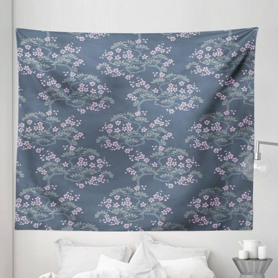 Leaf Tapestry, Abstract Japanese Plum Blossoms Nature Garden Flora Theme, Fabric Wall Hanging Decor for Bedroom Living Room Dorm, 5 Sizes, Bluegrey Pale Pink Sage, by Ambesonne