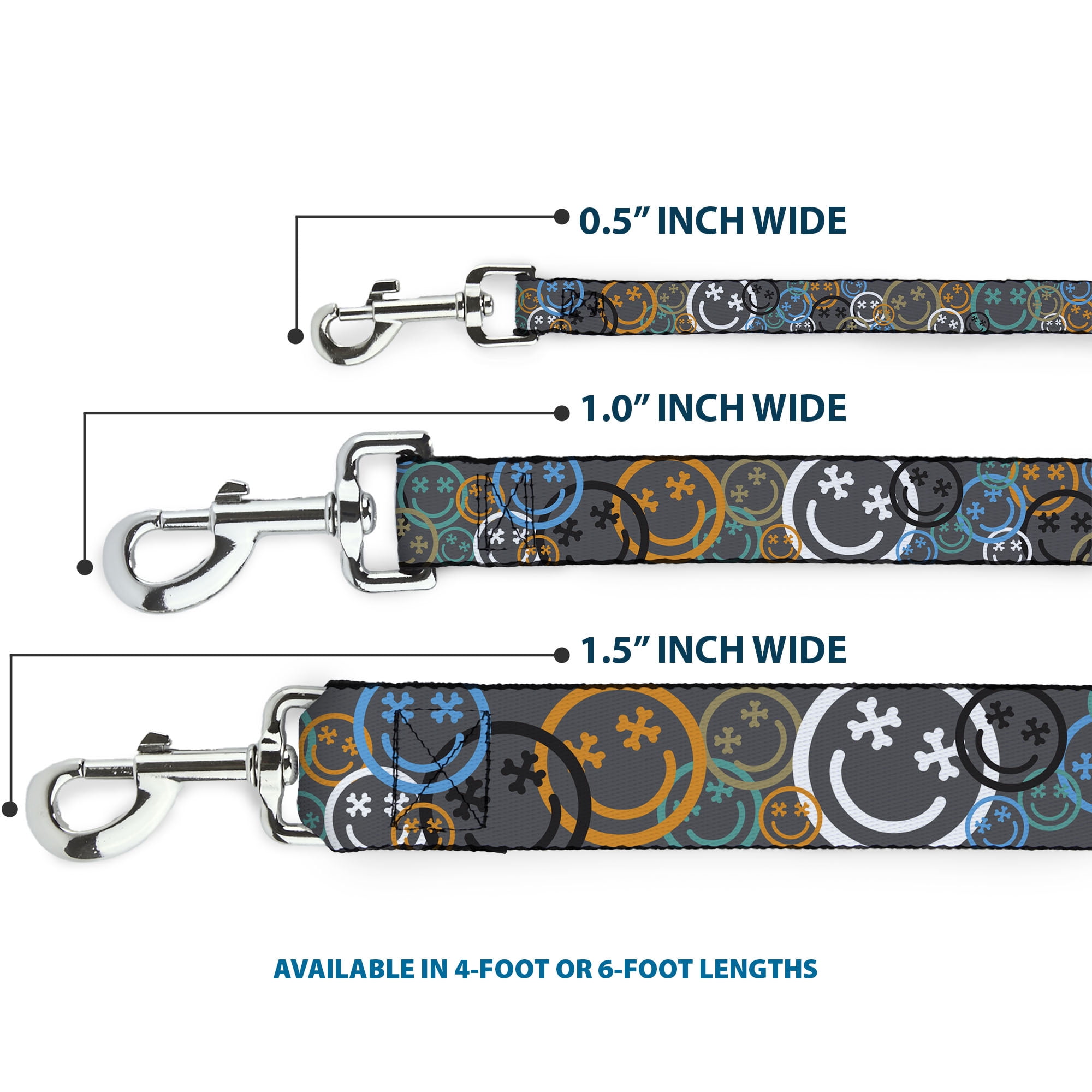 Buckle-Down Pet Leash, Dog Leash, Smiley Face Crossbones Stacked Gray Multi Color, 6 Feet Long 1.0 Inch Wide