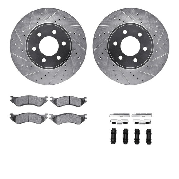 Dynamic Friction Company Front Brake Rotors-Drilled and Slotted-Silver with Heavy Duty Brake Pads includes Hardware 7212-40169