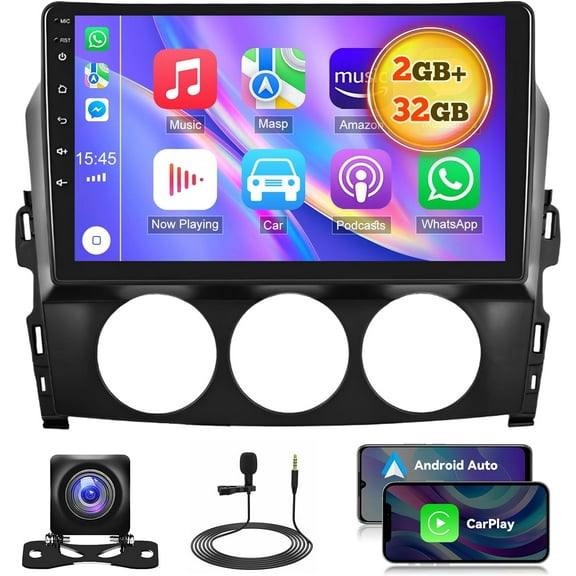 Android 13.0 Double Din Car Stereo for Mazda MX-5 2006-2021 9 Inch HD Touch Screen Car Audio Multimedia Receiver with CarPlay Android Auto GPS Radio Navigation Bluetooth Camera, 2G 32G