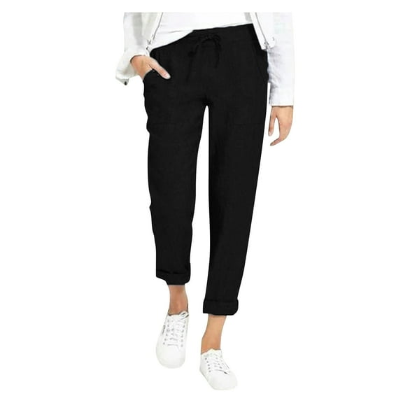 2DXuixsh Dress Pants for Women Business Casual with Pockets Trousers Pant Trousers Bottoms Women's with Pockets Linen Long Drawstring Summer Pants Womens with Pockets Linen Black M