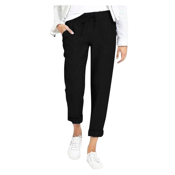 Pantalones de lino con cordón para mujer: cintura elástica, bolsillos, poliéster ligero para verano y playa