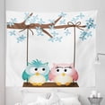 thumbnail image 1 of Cartoon Tapestry, 2 Owls in Love on a Swing Blossoming Tree Branch Spring Romance, Fabric Wall Hanging Decor for Bedroom Living Room Dorm, 5 Sizes, Pale Pink Pale Blue, by Ambesonne, 1 of 1