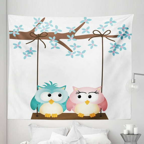 Cartoon Tapestry, 2 Owls in Love on a Swing Blossoming Tree Branch Spring Romance, Fabric Wall Hanging Decor for Bedroom Living Room Dorm, 5 Sizes, Pale Pink Pale Blue, by Ambesonne