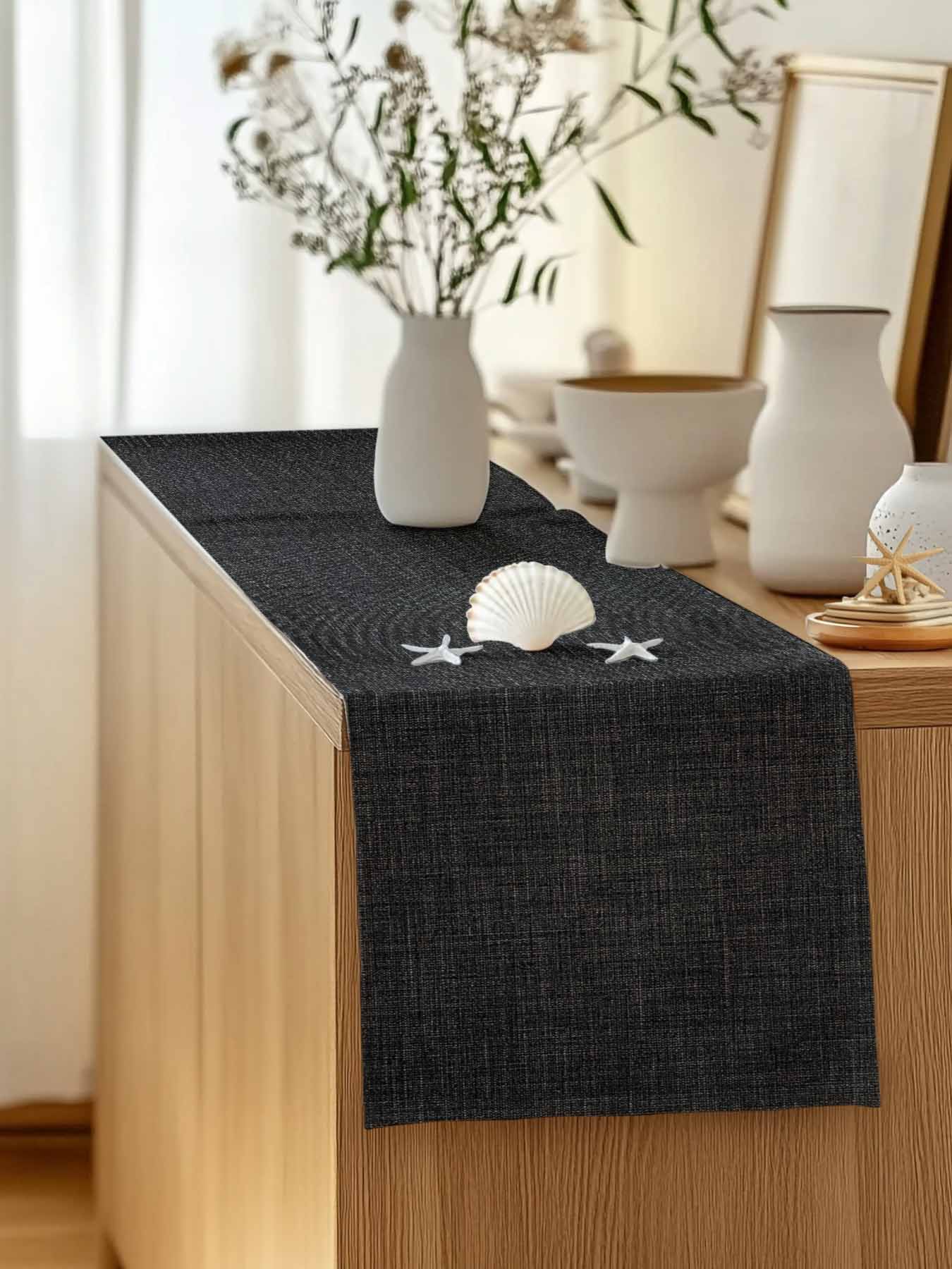 Table Runner 48 Inches Long for Kitchen Dining, Black Dresser Scarf Farmhouse, Dining Table Decorations for Wedding/Parties, Farmhouse Burlap Solid Black Color Modern Linen Texture 13 x 48 In