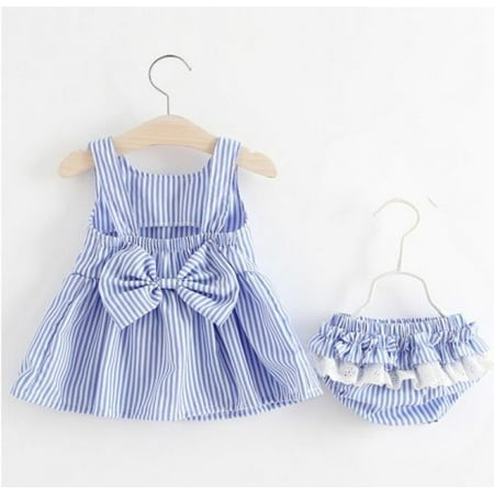 Toddler Infant Baby Girl Striped Sleeveless Mini Dress with Bow-Knot+Ruffles Bottoms Set Outfits
