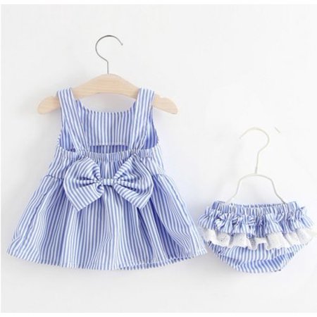 - Toddler Infant Baby Girl Striped Sleeveless Mini Dress with Bow-Knot+Ruffles Bottoms Set Outfits