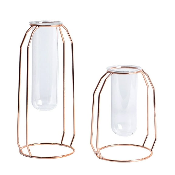WHAMVOX Rose Gold Glass Tube Vase with Metal Stand for Decorating Home Office Hydroponics Planter Single
