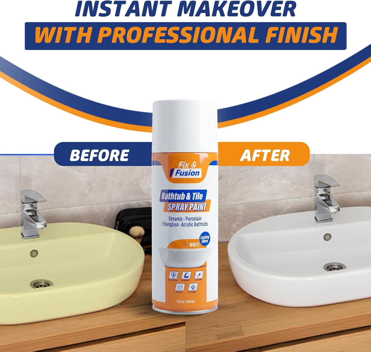 Fix & Fusion Bathtub & Tile Spray Paint, Multi-Surface Coating for Bathroom & Kitchen, High Adhesion, Water-Resistant, for Porcelain, Ceramic, Fiberglass, Countertops & More, White 13.5 oz (4 Pack)