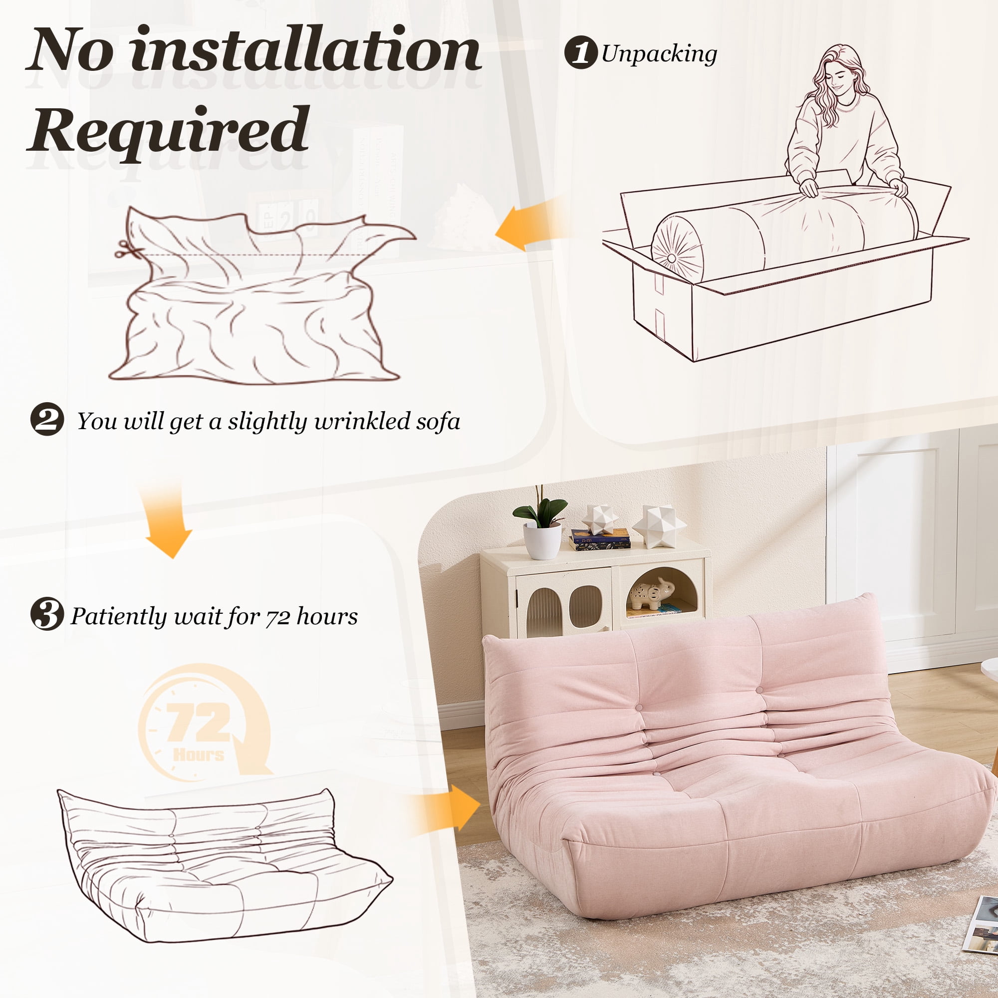 MOONMISS 53.14" Chenille Upholstered Oversized Lazy Sofa, 2-Seater Floor Sofa, Deep Seat Floor Bean Bag Loveseat for Cozy Home Decor, Pink