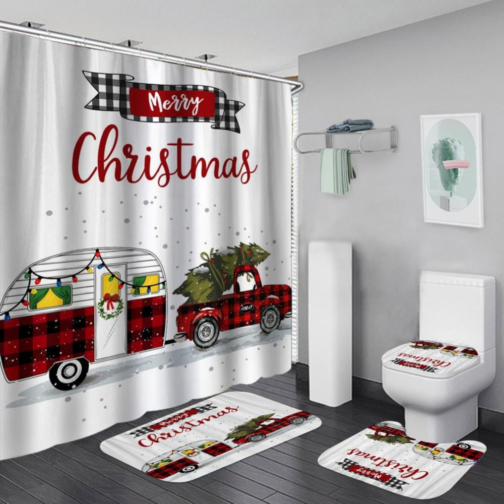 Merry Christmas Shower Curtain Sets 4 Piece Set