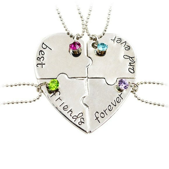 LEEYNEER 4Pcs/Set Necklaces Pendants Rhinestone Inlaid Jewelry Gift Heart Shape Best Friends Forever and Ever BFF Pendant Necklace for Banquet