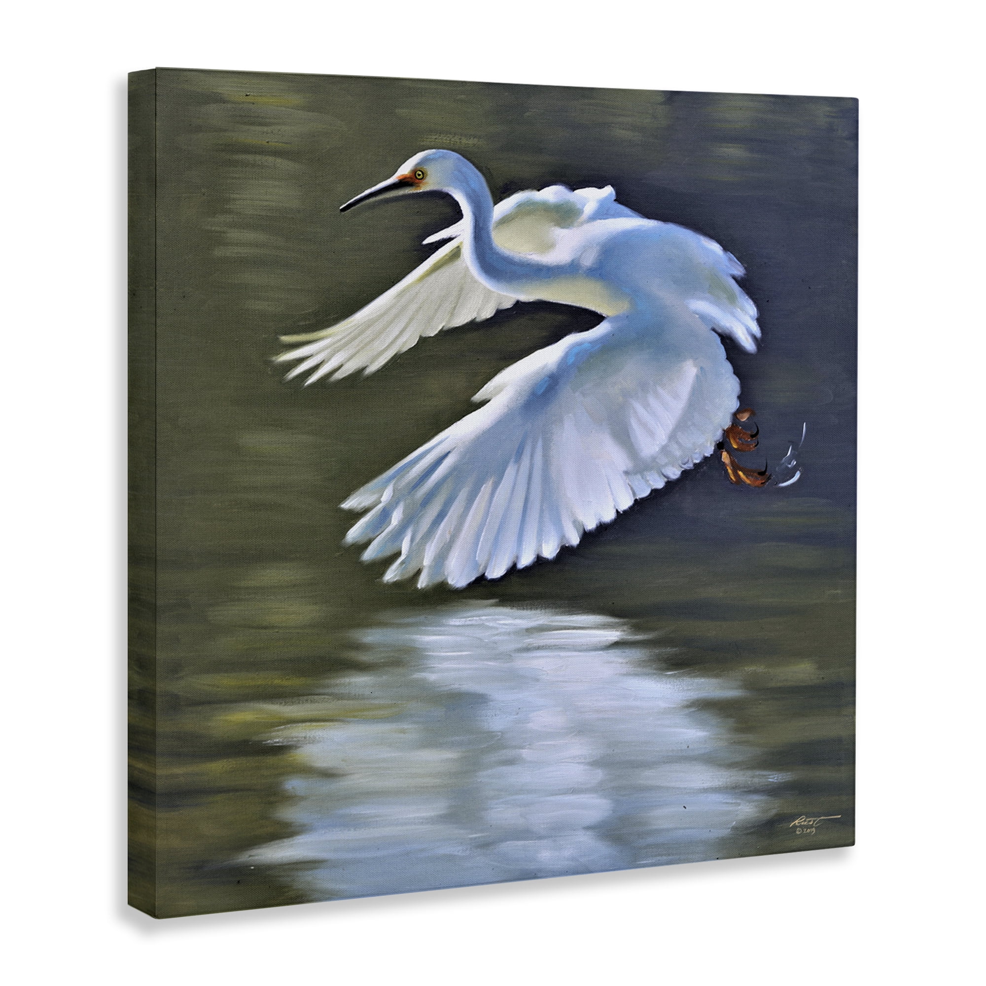 Stupell Industries Egret Flying Lake Surface Animals & Insects Painting Gallery Wrapped Canvas Art Print Wall Art, 17 x 17