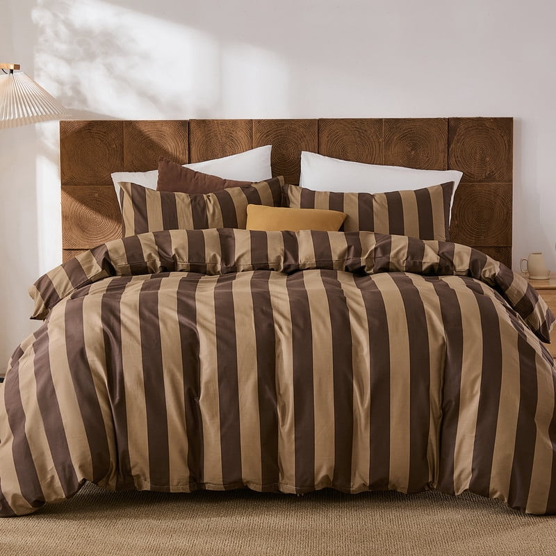 Brown Striped Striped Duvet Cover Set Queen Size, 100% Cotton Duvet Cover Set with Zipper Closure and 8 Corner Ties, 3 Pieces Soft and Breathable Natural Cotton Bedding Set for All Seasons